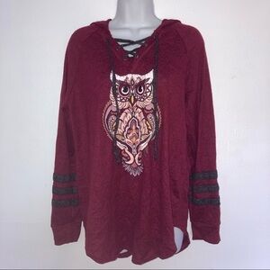 2/$15 No boundaries Lace Front lightweight Hooded Owl Sweatshirt XXL Burgundy